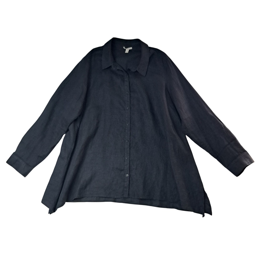 Eileen Fisher Button Up Shirt Womens XL Black Organic Linen Long Sleeve Tunic
